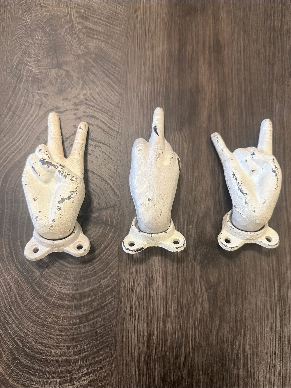 Decorative White Cast Iron Hand Wall Hooks - Set of 3